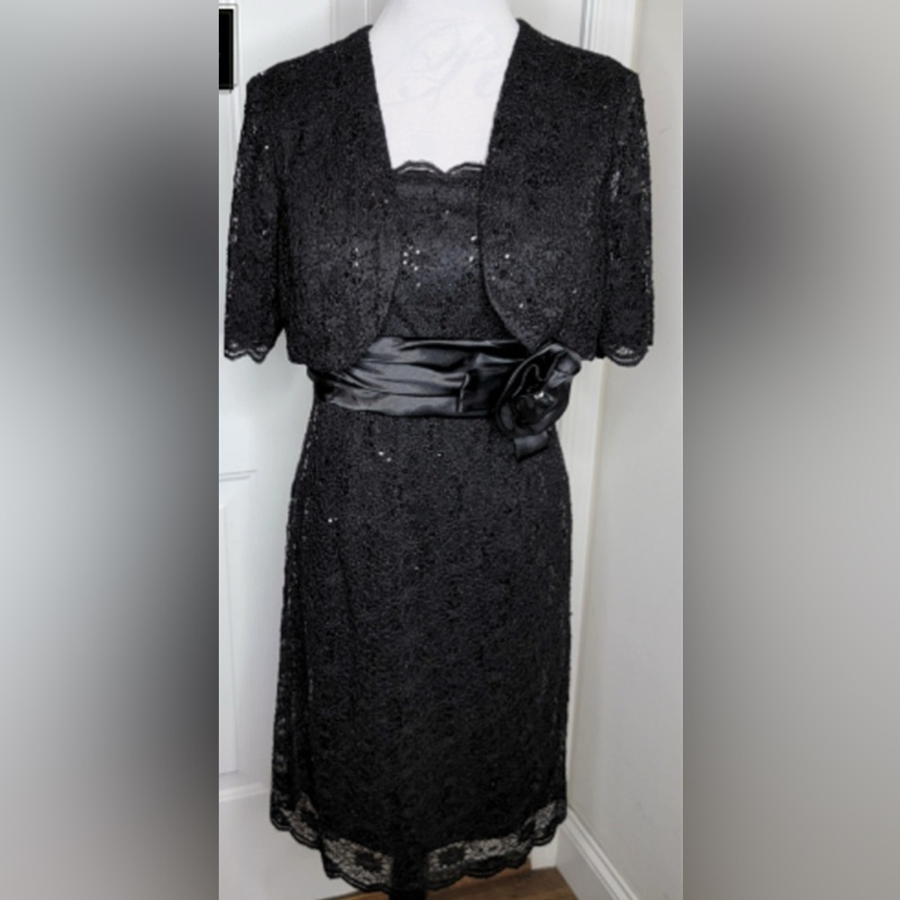 R & M Richards Petite Black Sequined Lace 2-Piece Dress & Jacket